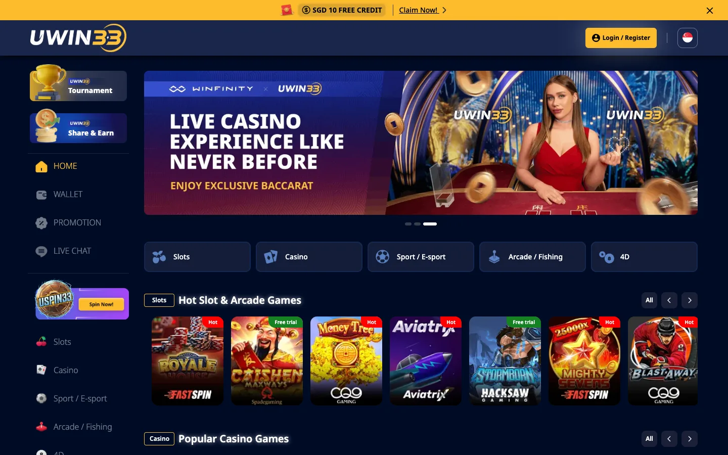 UWIN33 Singapore homepage with the SGD 10 free credit bar, a Winfinity live baccarat banner and hot slots