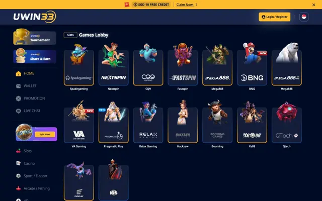 UWIN33 Singapore slots lobby with Spadegaming, NextSpin, CQ9, FastSpin, Mega888 and Pragmatic Play