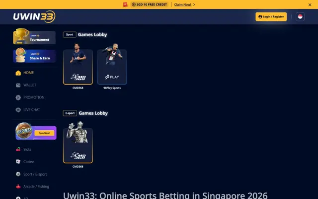 UWIN33 Singapore sportsbook lobby with CMD368 and 98Play Sports