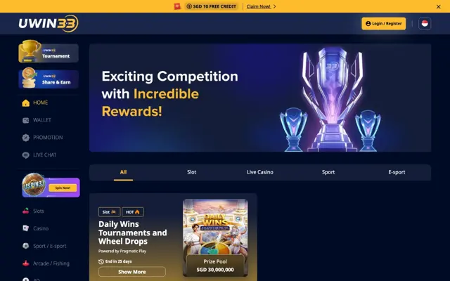 UWIN33 Singapore tournaments page with Pragmatic Play Daily Wins