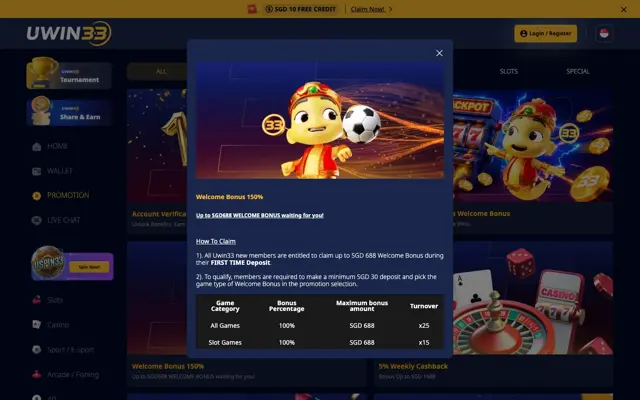 UWIN33 Welcome Bonus 150% terms showing 100% up to SGD 688 with x25 and x15 turnover