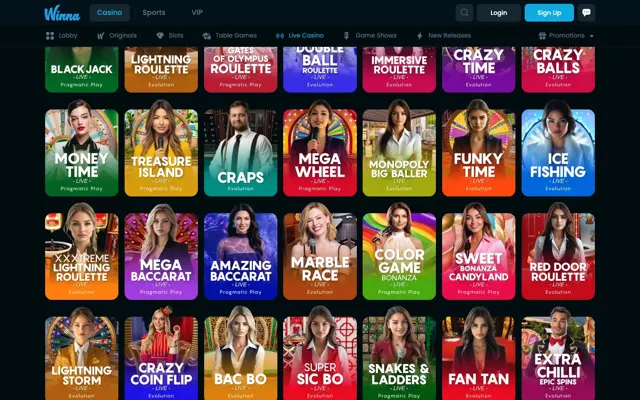 Winna live casino lobby with Evolution and Pragmatic Play Live game shows, baccarat and sic bo