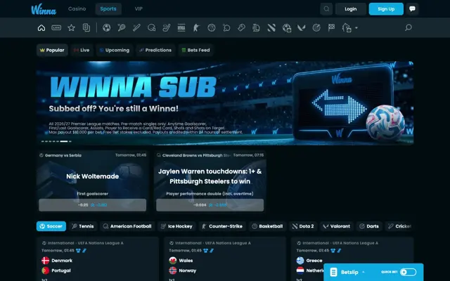 Winna sportsbook with the Winna Sub promotion banner and Nations League football markets