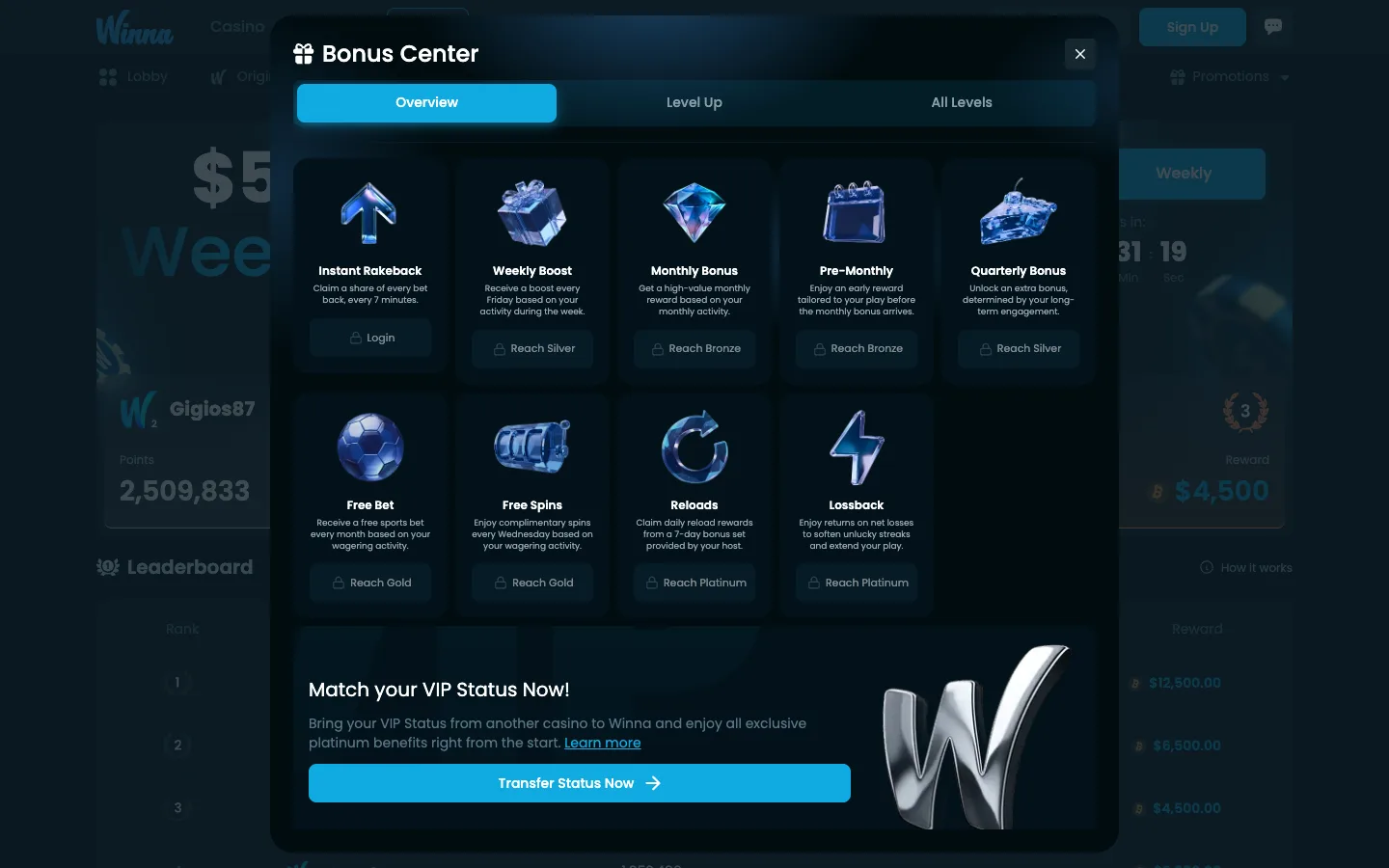 Winna Bonus Center with all VIP rewards