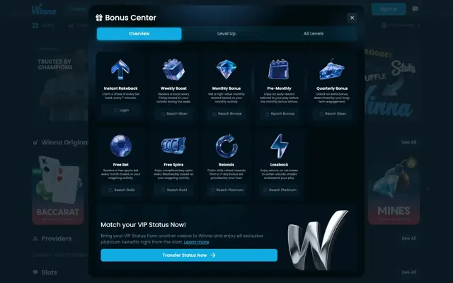 Bonus Center Winna dengan Instant Rakeback, Weekly Boost, Monthly Bonus, Free Spins, Free Bet, Reloads dan Lossback