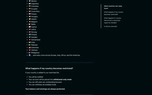 Artikel Help Center Winna yang mencantumkan Indonesia, Vietnam dan Filipina sebagai negara yang didukung