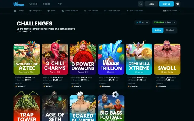 ទំព័រ Challenges របស់ Winna ដែលមាន Challenge ស្លតចំនួន 10 សរុប $11,000