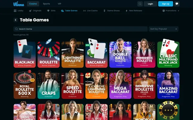 បន្ទប់ Table games របស់ Winna ដែលមានបាការ៉ា Blackjack និង Roulette