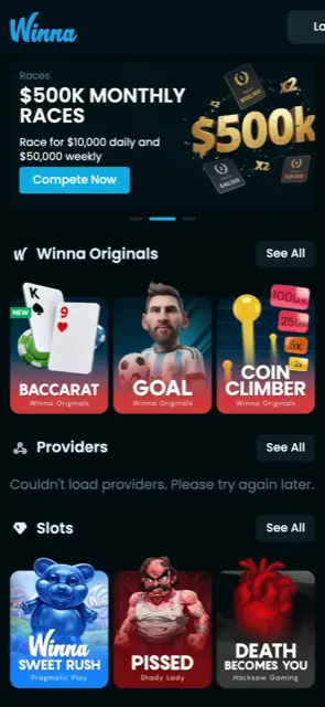 Situs mobile Winna dengan banner race $500K dan Winna Originals
