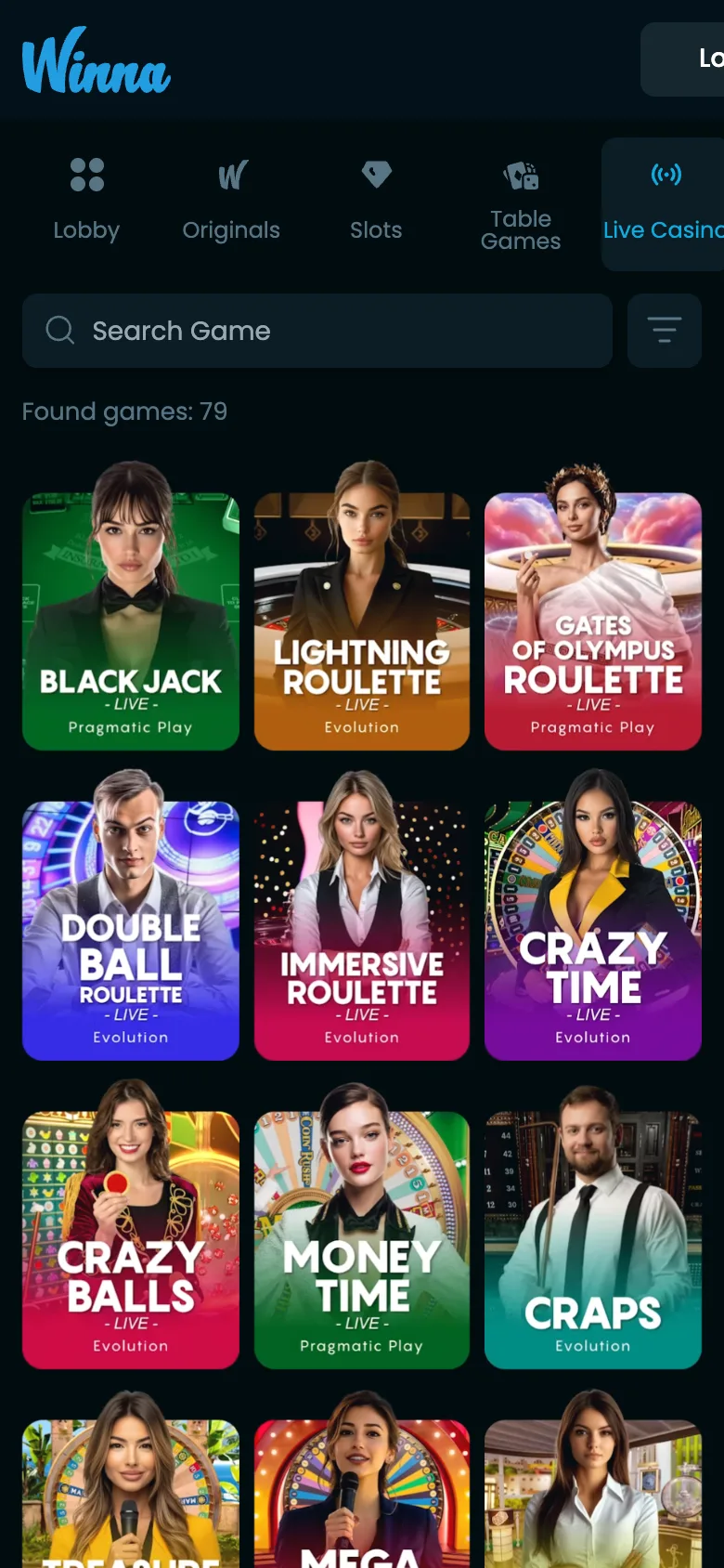 Live casino របស់ Winna លើទូរស័ព្ទដៃ