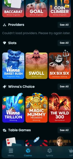 Winna mobile site with game rows and bottom menu