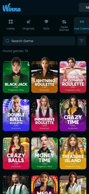 Winna mobile live casino lobby with 79 games