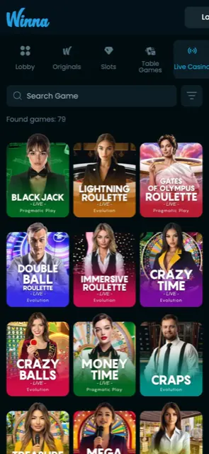 Sảnh live casino Winna trên điện thoại
