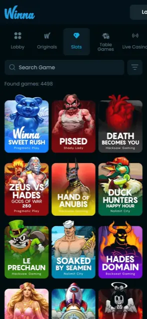 Sảnh nổ hũ Winna trên điện thoại với 4.498 game
