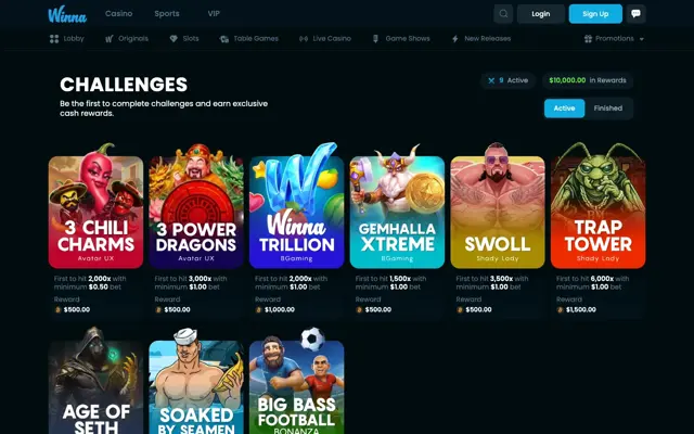 Winna challenges page with nine slot challenges worth $10,000