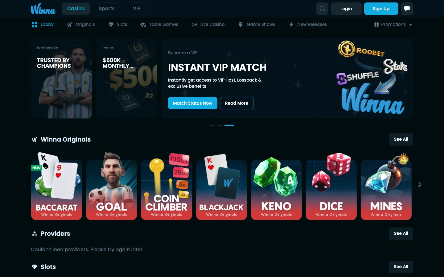 Winna homepage with the Instant VIP Match banner and Winna Originals