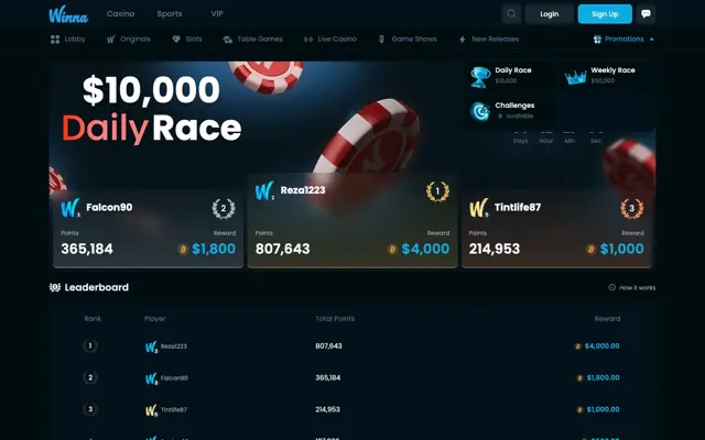 Winna promotions menu open with the daily race, weekly race and challenges