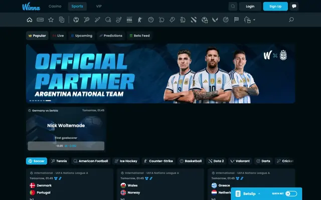 Winna sportsbook with the Argentina national team partnership banner
