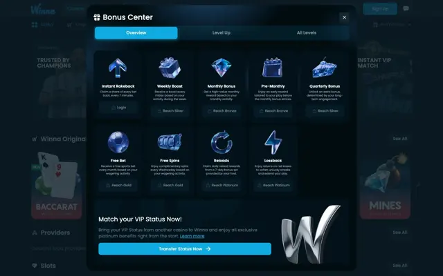 Bonus Center របស់ Winna ដែលបង្ហាញ Instant Rakeback, Weekly Boost, Monthly Bonus, Free Spins, Free Bet, Reloads និង Lossback
