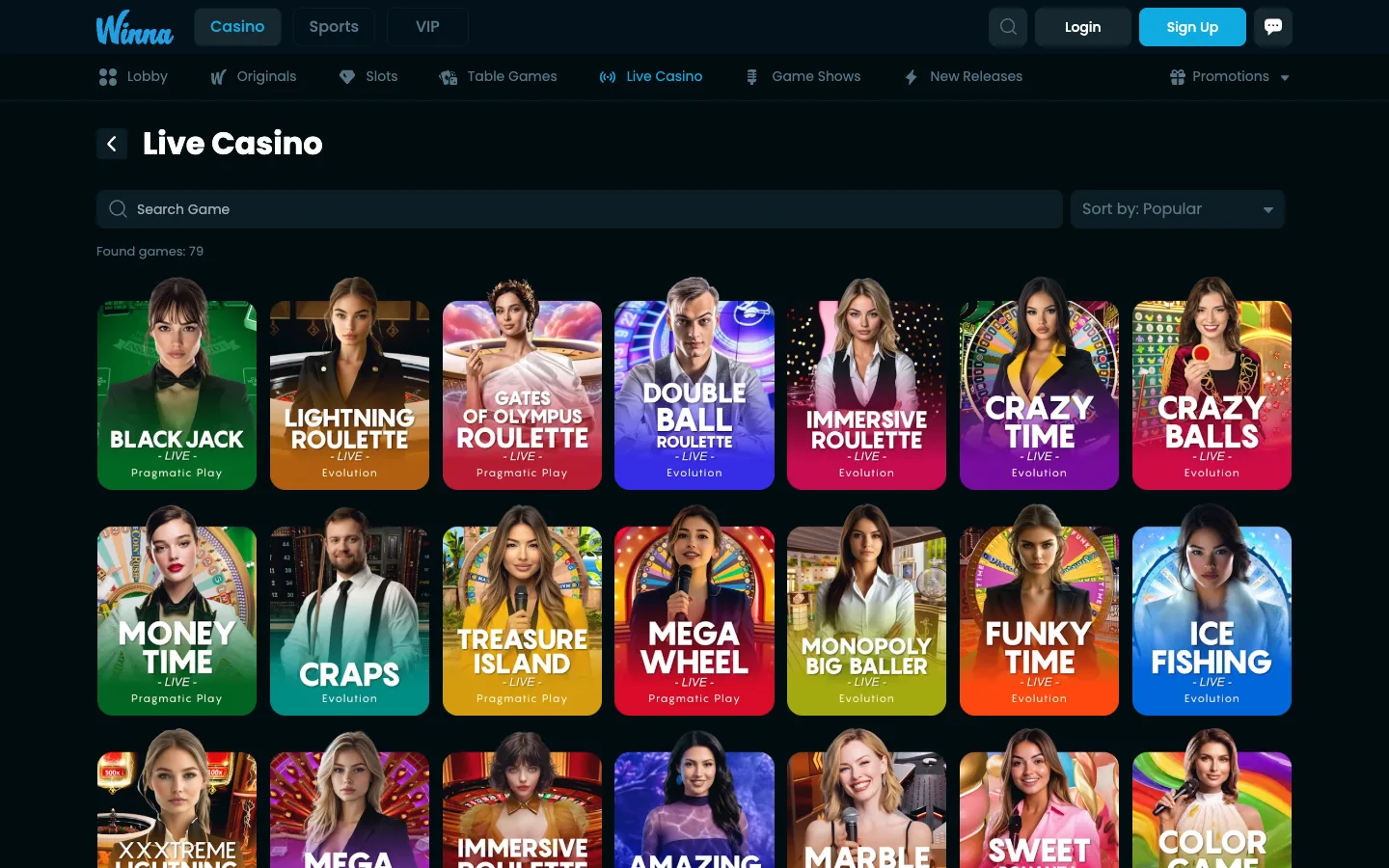 Sảnh live casino của Winna